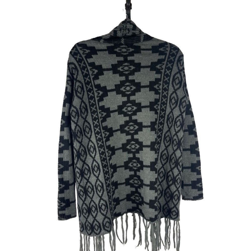 Caslon Women Cardigan Sweater Gray Black Geometric Fringe Open Front Size XS 327 - Picture 5 of 11